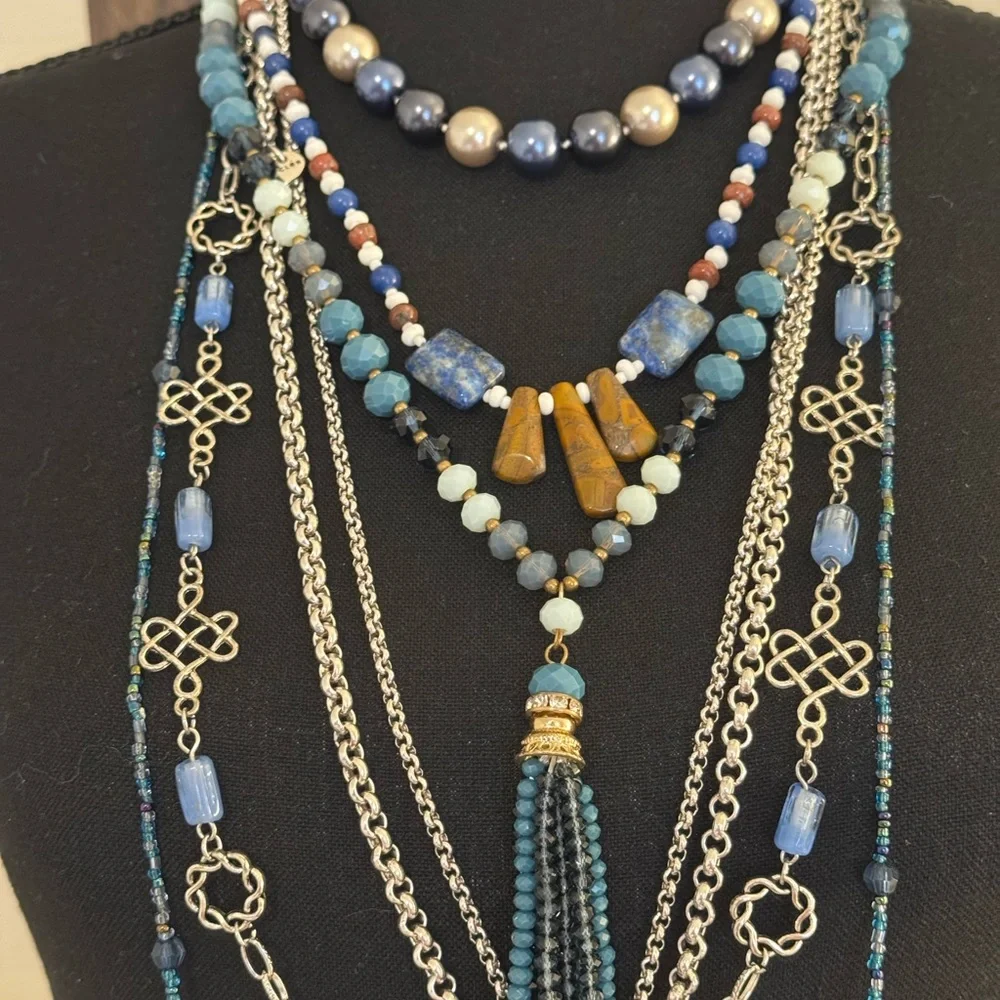 Elegant Blue and Silver Layered Necklace Set - Picture 2 of 8